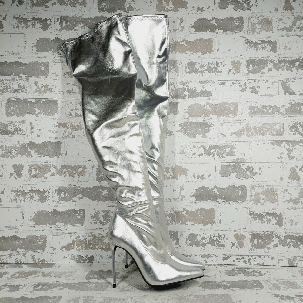 NEW Wild Diva Lounge Shaya Silver Pointy Toe High Heeled Over-the-knee Boot M30 - Picture 3 of 11